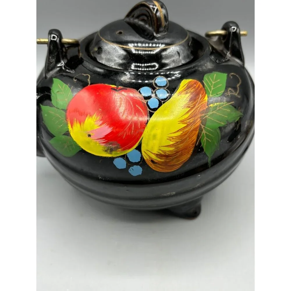Vtg Wales Black Teapot With Hand Painted Fruit Design Coiled Metal‎ Handle